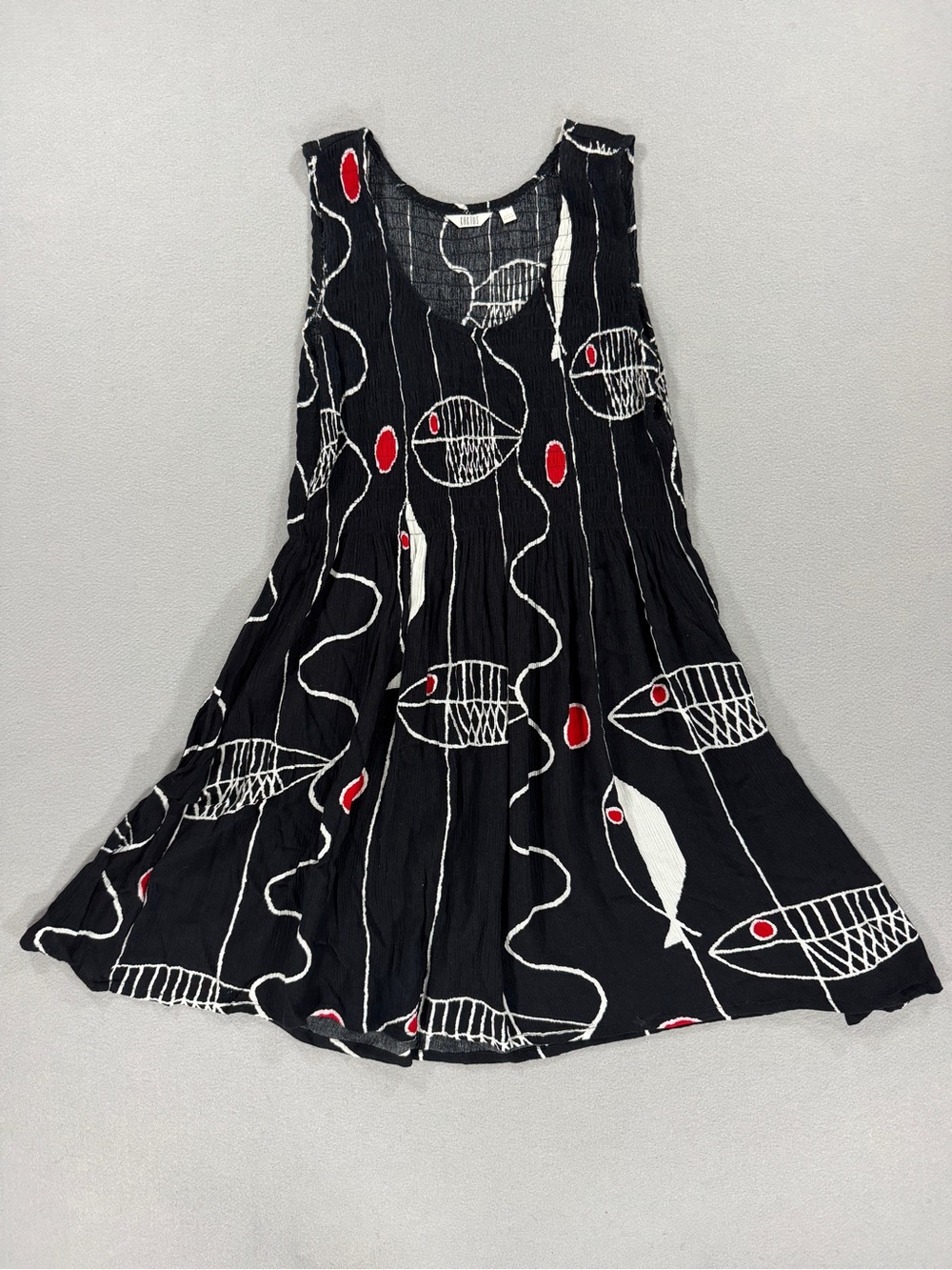 Kaktus Vintage Fish Print Crinkle Rayon Sleeveless Swing Dress Small Black